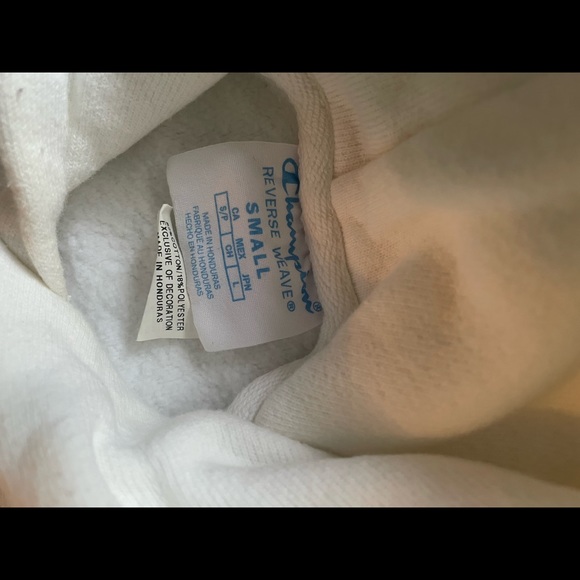 Champion hoodie, adult small, white with raised blue/yellow letters. - Picture 3 of 4
